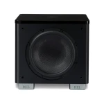 Black subwoofer with a large circular driver on metal feet labeled REL, front view.