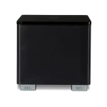Compact black subwoofer with silver feet labeled REL, seen from the front/top angle