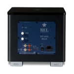 Back panel of a REL HT/1003 MKII subwoofer featuring blue control plate with knobs for phase, crossover, and level, plus input/output terminals and power switch.