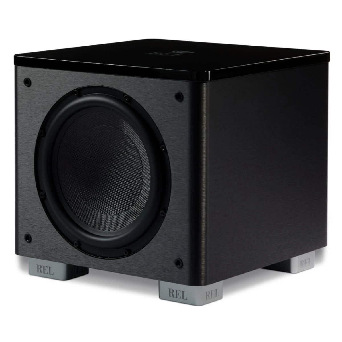 rel-ht-1003-mk-ii-cierna - Enigma High Fidelity Audio Black subwoofer with front-facing large round driver on silver REL feet.