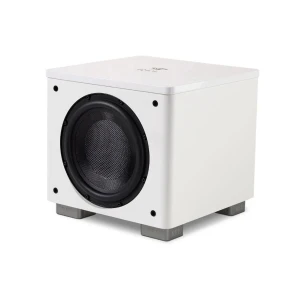 Front view of a white square subwoofer with a large black circular driver on the front panel, standing on small gray feet.