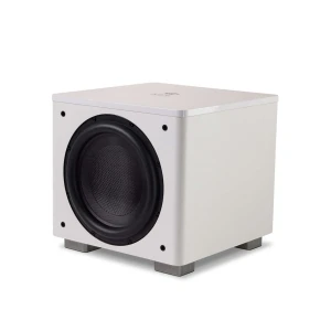 White cube-shaped subwoofer with a large black circular speaker at the front, resting on small feet against a plain background.