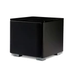 Black compact subwoofer with a glossy top, mounted on silver REL feet against a white background.