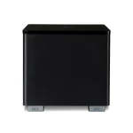 Front view of a black subwoofer with silver REL feet on the bottom edges.