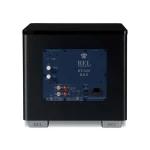Rear view of a REL HT/1205 MKII subwoofer, showing the blue control panel with input connectors and knobs on a black cabinet
