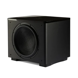 rel-ht-1510-predator-cierna - Enigma High Fidelity Audio Black desktop subwoofer with a large circular driver and textured cone, shown at an angled side view on a white background