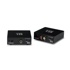 Two black REL Audio devices with rear panels showing Sub Out, Right/Left LFE, and pairing indicators on a white background.