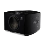 Black rectangular subwoofer with a large circular driver on the front and a digital display panel to its right, curved glossy side panels visible on the right edge.