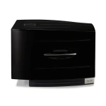 Black toaster oven with a chrome curved handle on the door, set against a white background.