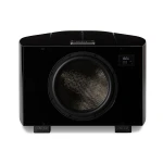 Front view of a glossy black subwoofer with a large circular woofer and a small digital display on the right side