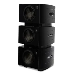 Stacked black subwoofer cabinets with large round drivers and small digital displays.