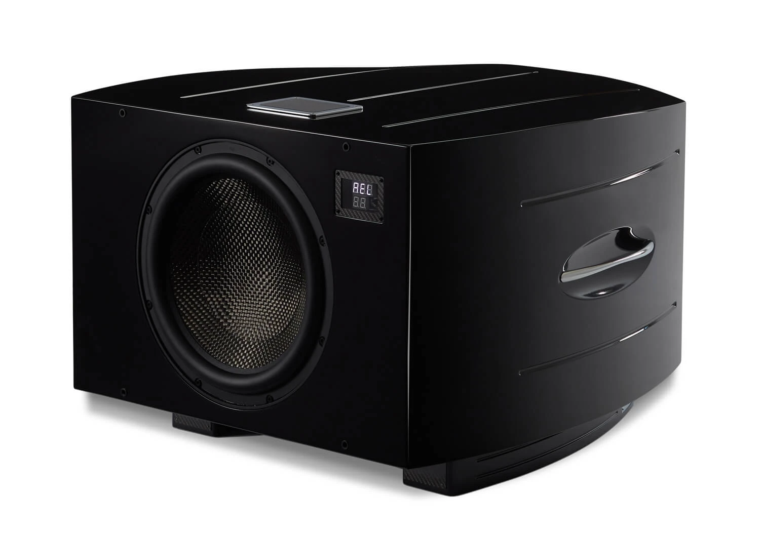 rel-no-32-cierna - Enigma High Fidelity Audio Black rectangular subwoofer with a large circular driver on the front and a digital display panel to its right, curved glossy side panels visible on the right edge.
