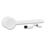 White modern wall-mounted light fixture with a long horizontal arm and two large circular end plates. Includes a small white remote.