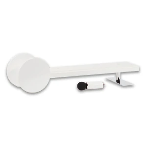 White modern wall-mounted light fixture with a long horizontal arm and two large circular end plates. Includes a small white remote.