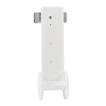 White vertical photography stand with two round feet at the base and a slim, perforated central rail with a mounting arm on the side, viewed frontally