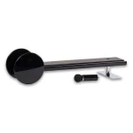 Long black metal bar with two large circular end weights and a chrome stand, with a small black tool nearby.