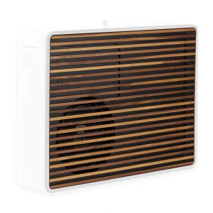 White wall-mounted heater with a front panel of horizontal wooden slats over a dark vented grille