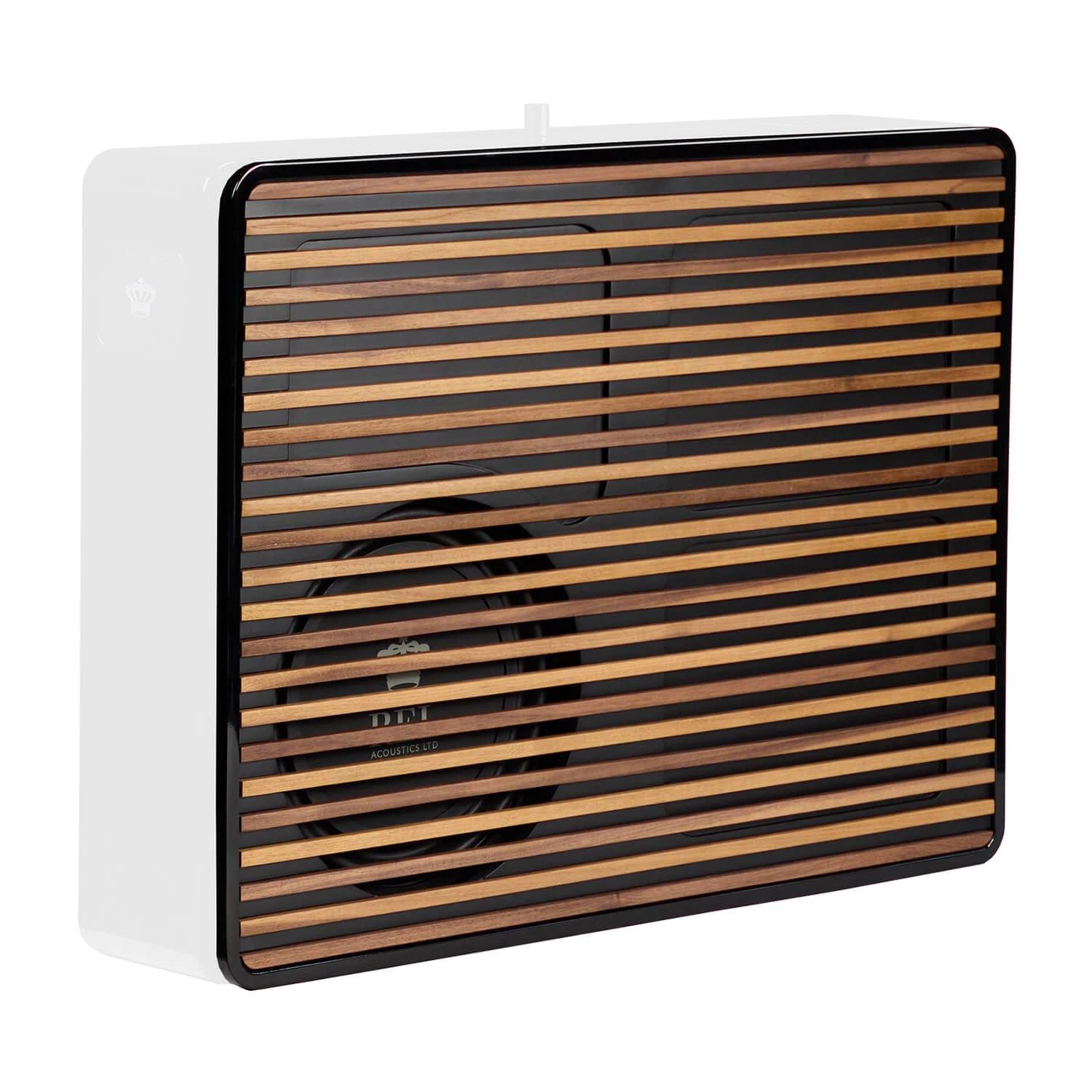 rel-pl1-pl2-premium-wood-grilles-cierna - Enigma High Fidelity Audio White rectangular speaker with a wooden horizontal-slatted front grille