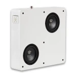 White wall-mounted speaker panel with two black circular drivers and a small left-side control switch, branded REL Acoustics Ltd.
