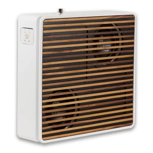 White portable heater with a wood-slatted front grille and side control panel.