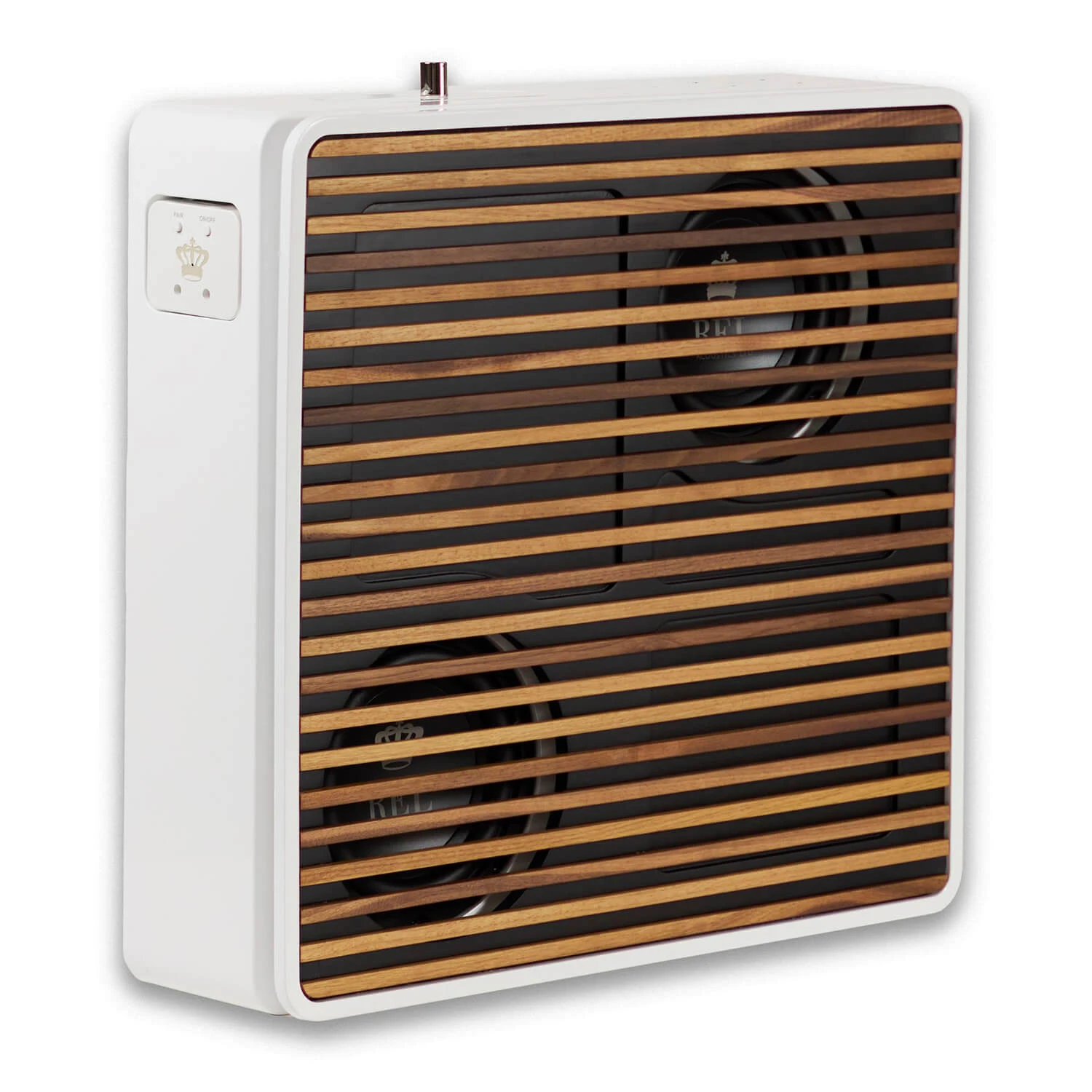 rel-planar-pl-1-biela-drevena-mriezka - Enigma High Fidelity Audio White portable heater with a wood-slatted front grille and side control panel.