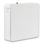 White wall-mounted panel radiator with a small control panel on the left and a top valve accessory.