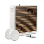 Compact white space heater with a front wood-slatted grille, mounted on a white stand and caster wheels visible at the base.