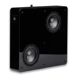Black rectangular speaker enclosure with two large circular drivers and a small control panel on the left side, matte finish and REL Acoustic Ltd branding visible