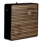 Black rectangular space heater with horizontal wooden slats on the front panel, showing a retro design and subtle controls on the left side.