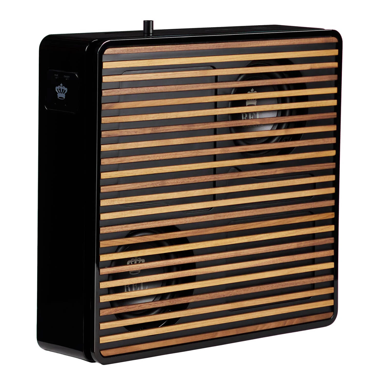 rel-planar-pl-1-cierna-drevena-mriezka - Enigma High Fidelity Audio Black rectangular space heater with horizontal wooden slats on the front panel, showing a retro design and subtle controls on the left side.