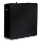 Black external hard drive enclosure with rounded corners and a small on/off switch on the left side