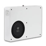 White rectangular speaker cabinet featuring a large black woofer with REL Acoustics branding on the center cap