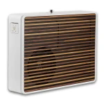 White heater with a wood-slat front grill and a small side control panel on the left