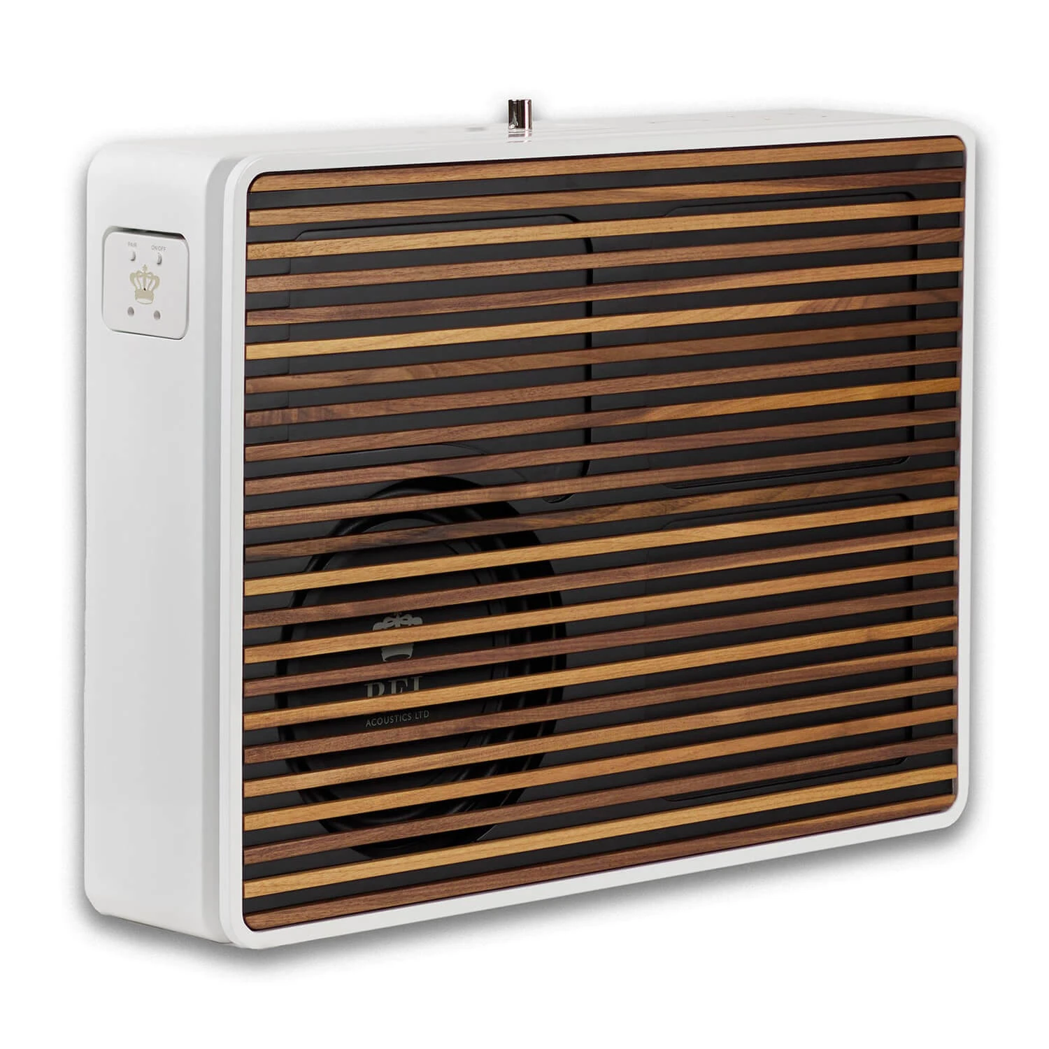 rel-planar-pl-2-biela-drevena-mriezka - Enigma High Fidelity Audio White heater with a wood-slat front grill and a small side control panel on the left
