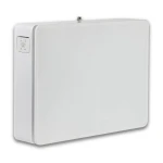 White wall-mounted electric heater with a small left-side control panel access panel and rounded edges.