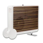 White vintage-style electric heater with a wooden slat grille and white frame on a stand (portable space heater)