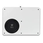 White square panel with a large black REL subwoofer driver in the bottom-left corner.