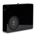 Black glossy speaker/subwoofer cabinet with a large circular driver and REL Acoustics logo on the cone area