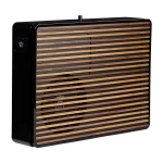 Rectangular black speaker with a wood-slatted front grille and small control knob on the left side.