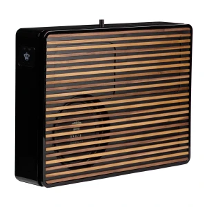 Rectangular black speaker with a wood-slatted front grille and small control knob on the left side.