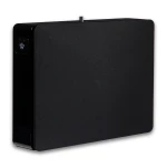 Black rectangular speaker with a fabric front, glossy black side panel, and a small control knob on the top edge left side.