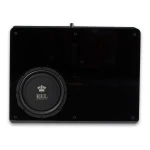 Glossy black speaker panel with a large circular driver in the lower-left corner and the REL Acoustics logo visible on the cone