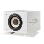 White rectangular REL S/550 subwoofer with a large circular front driver, mounted on white stands marked S/550