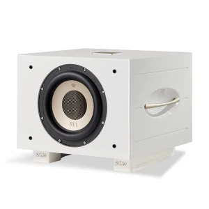 White rectangular REL S/550 subwoofer with a large circular front driver, mounted on white stands marked S/550
