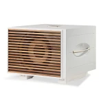 White outdoor HVAC condenser with a wooden slatted front grille and side access panel.