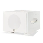 White compact security safe with a circular front panel and a curved metal handle on the side, resting on a base plate with branding.