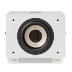 Front view of a white REL subwoofer with a large circular driver and beige inner ring labeled REL S/550 (high-fidelity audio speaker)