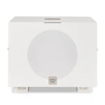Front view of a white speaker cabinet with a large circular driver and a small crown emblem at the bottom center, model S/550 visible on the base.
