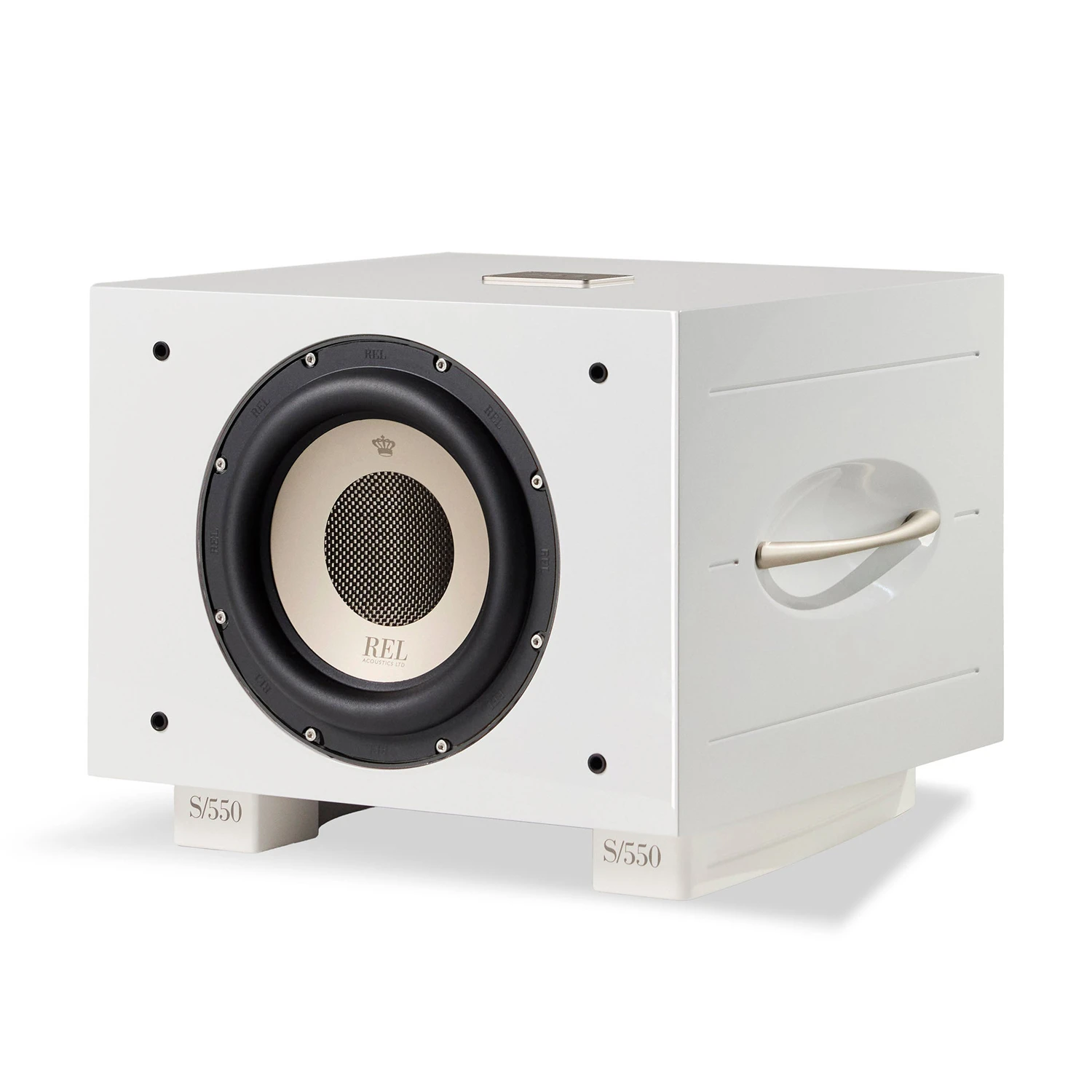 rel-s-550-biela - Enigma High Fidelity Audio White rectangular REL S/550 subwoofer with a large circular front driver, mounted on white stands marked S/550