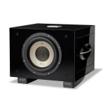High-gloss black subwoofer with a large cream-colored driver center marked REL Acoustics, mounted on gray S/550 stands.